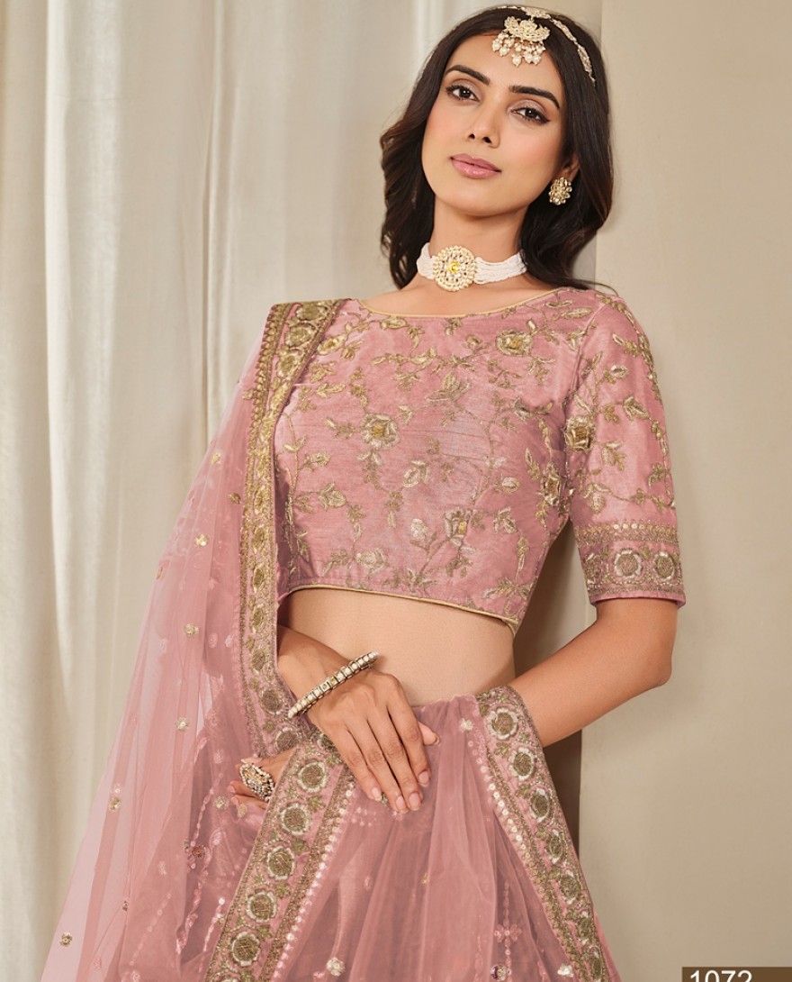 1072-pink - Pink Embroidered Art Silk Lehenga Choli for Wedding